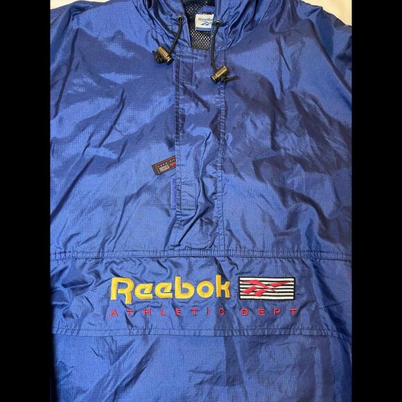 Reebok XL Windbreaker 1/4 Zip Roll-Up Hood Deep Blue 80s Style VTG‎ RARE - Picture 3 of 9